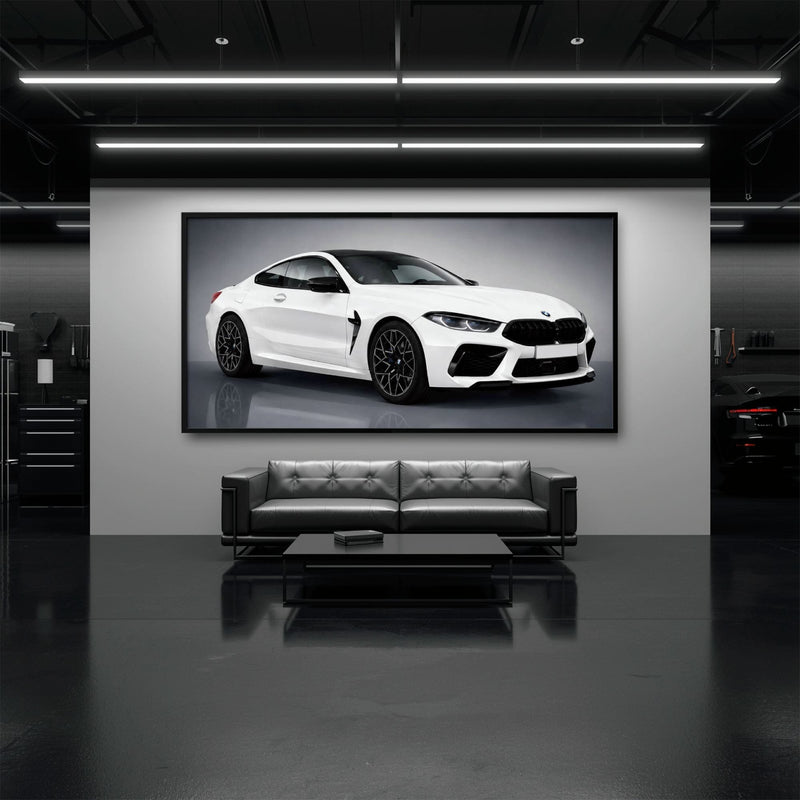BMW M8 Competition Wall Art – White Sports Car Canvas -Garage Decor Cars