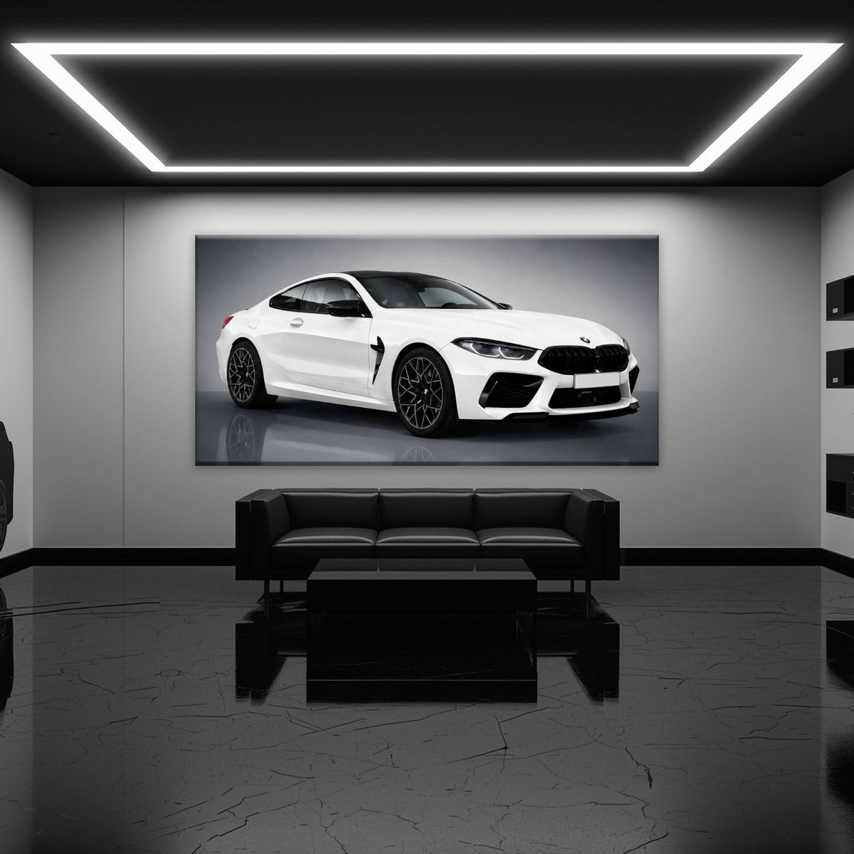 BMW M8 Competition Wall Art – White Sports Car Canvas -Garage Decor Cars