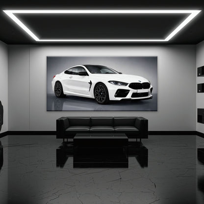 BMW M8 Competition Wall Art – White Sports Car Canvas -Garage Decor Cars