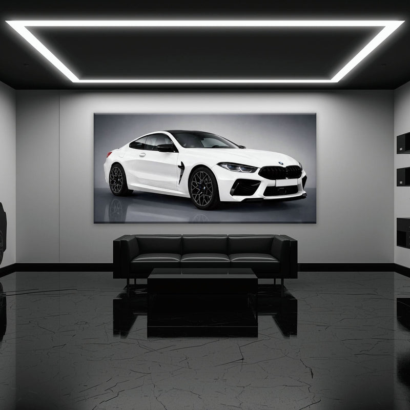 BMW M8 Competition Wall Art – White Sports Car Canvas -Garage Decor Cars