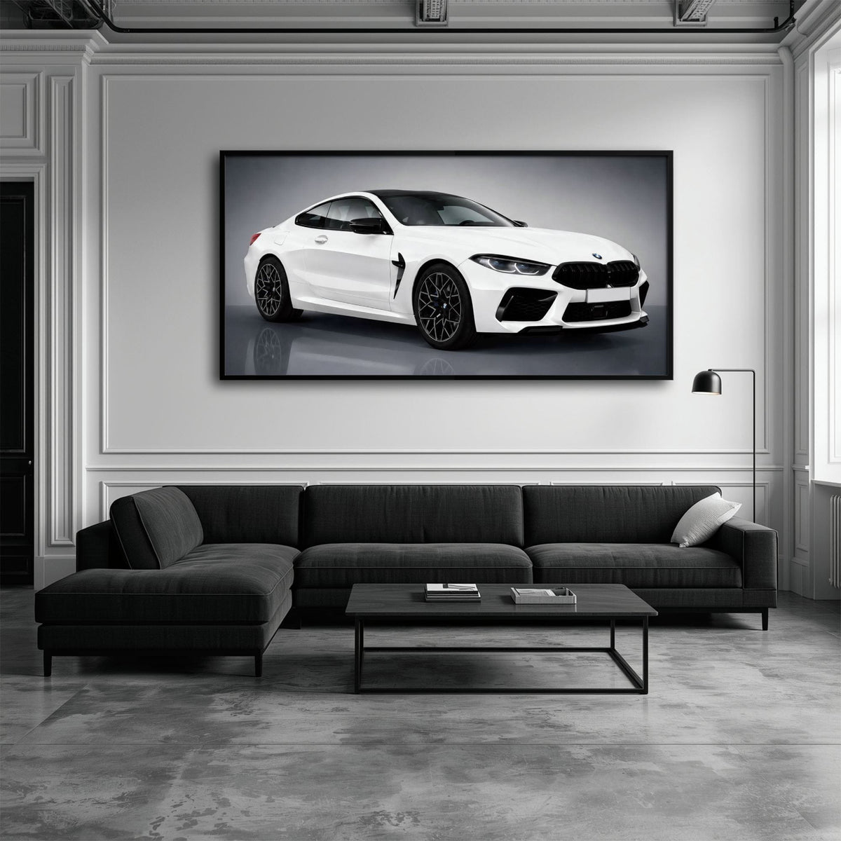 BMW M8 Competition Wall Art – White Sports Car Canvas -Garage Decor Cars