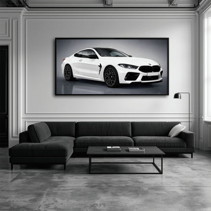 BMW M8 Competition Wall Art – White Sports Car Canvas -Garage Decor Cars
