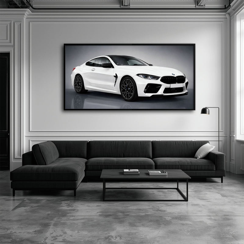 BMW M8 Competition Wall Art – White Sports Car Canvas -Garage Decor Cars
