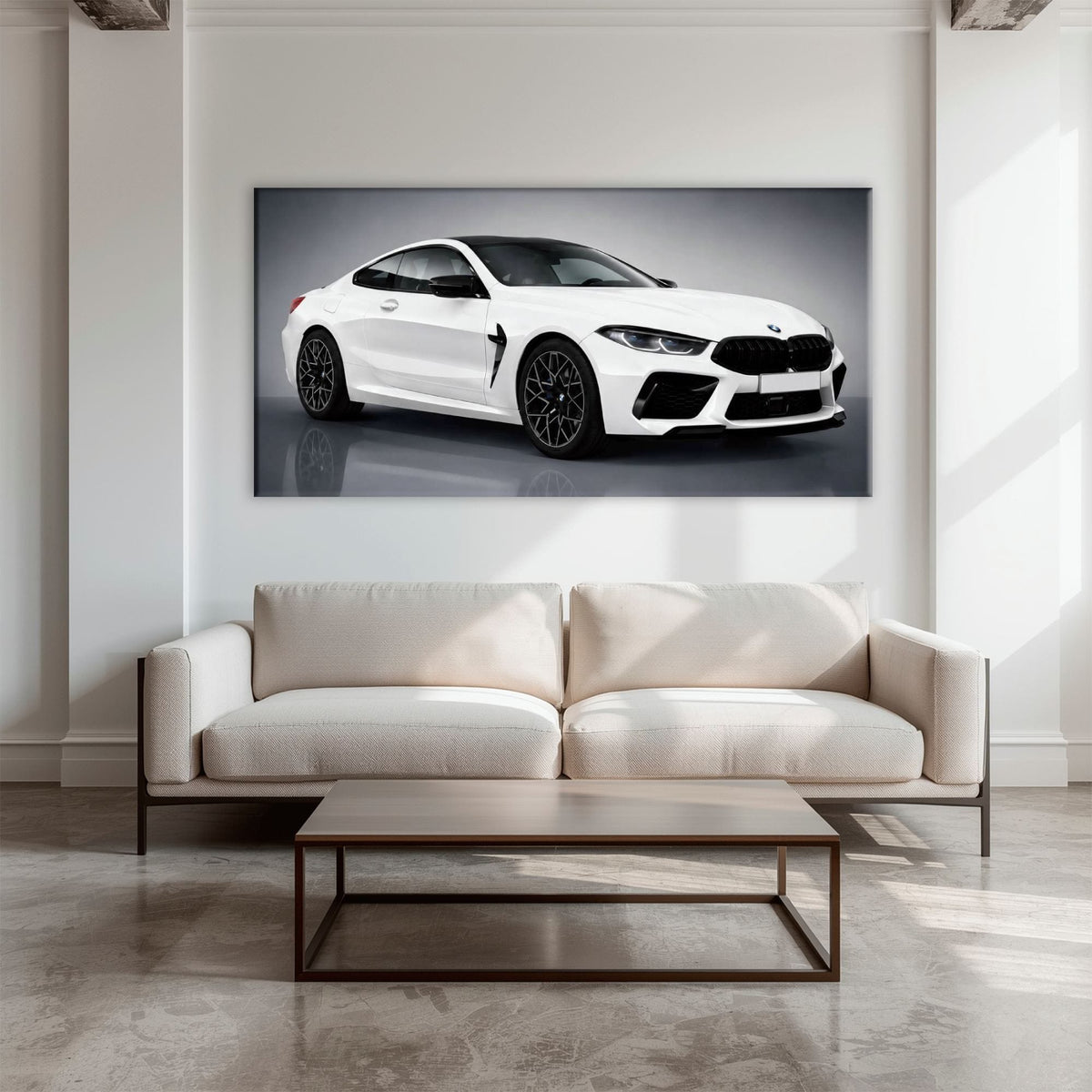 BMW M8 Competition Wall Art – White Sports Car Canvas -Garage Decor Cars