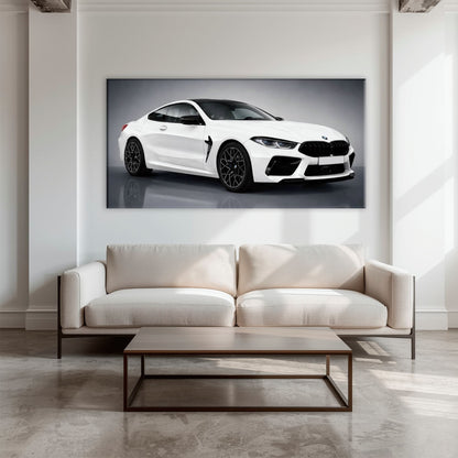 BMW M8 Competition Wall Art – White Sports Car Canvas -Garage Decor Cars