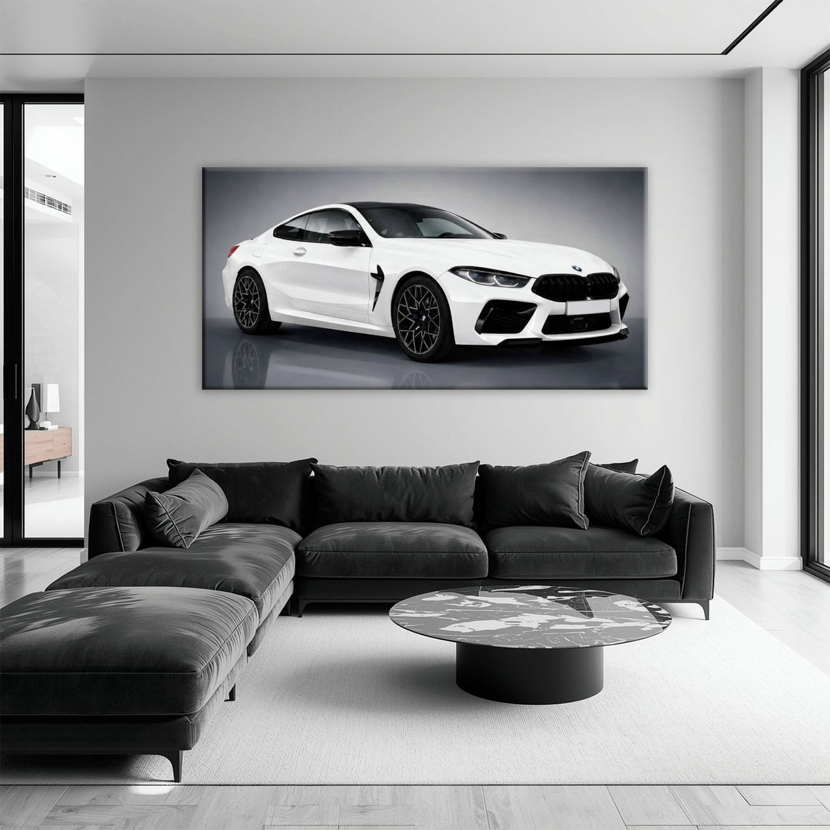 BMW M8 Competition Wall Art – White Sports Car Canvas -Garage Decor Cars