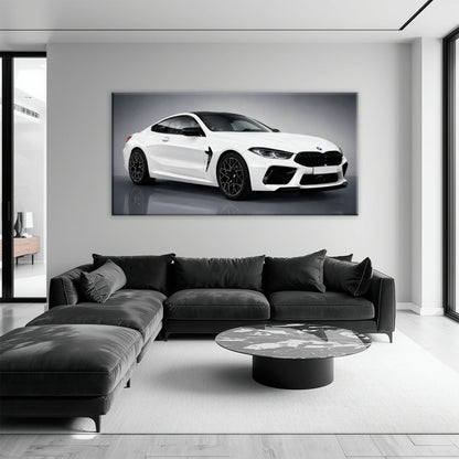 BMW M8 Competition Wall Art – White Sports Car Canvas -Garage Decor Cars