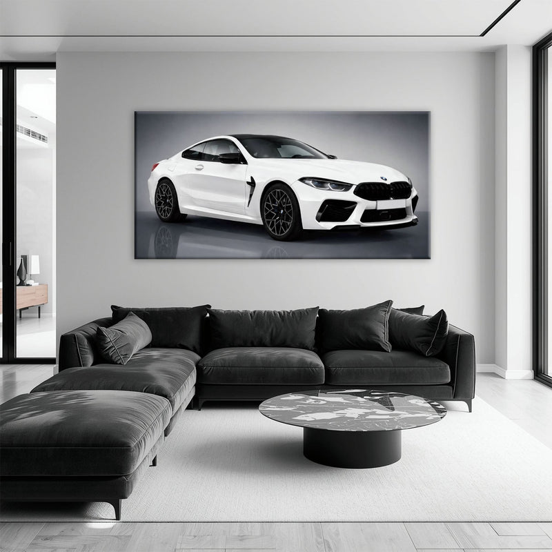 BMW M8 Competition Wall Art – White Sports Car Canvas -Garage Decor Cars