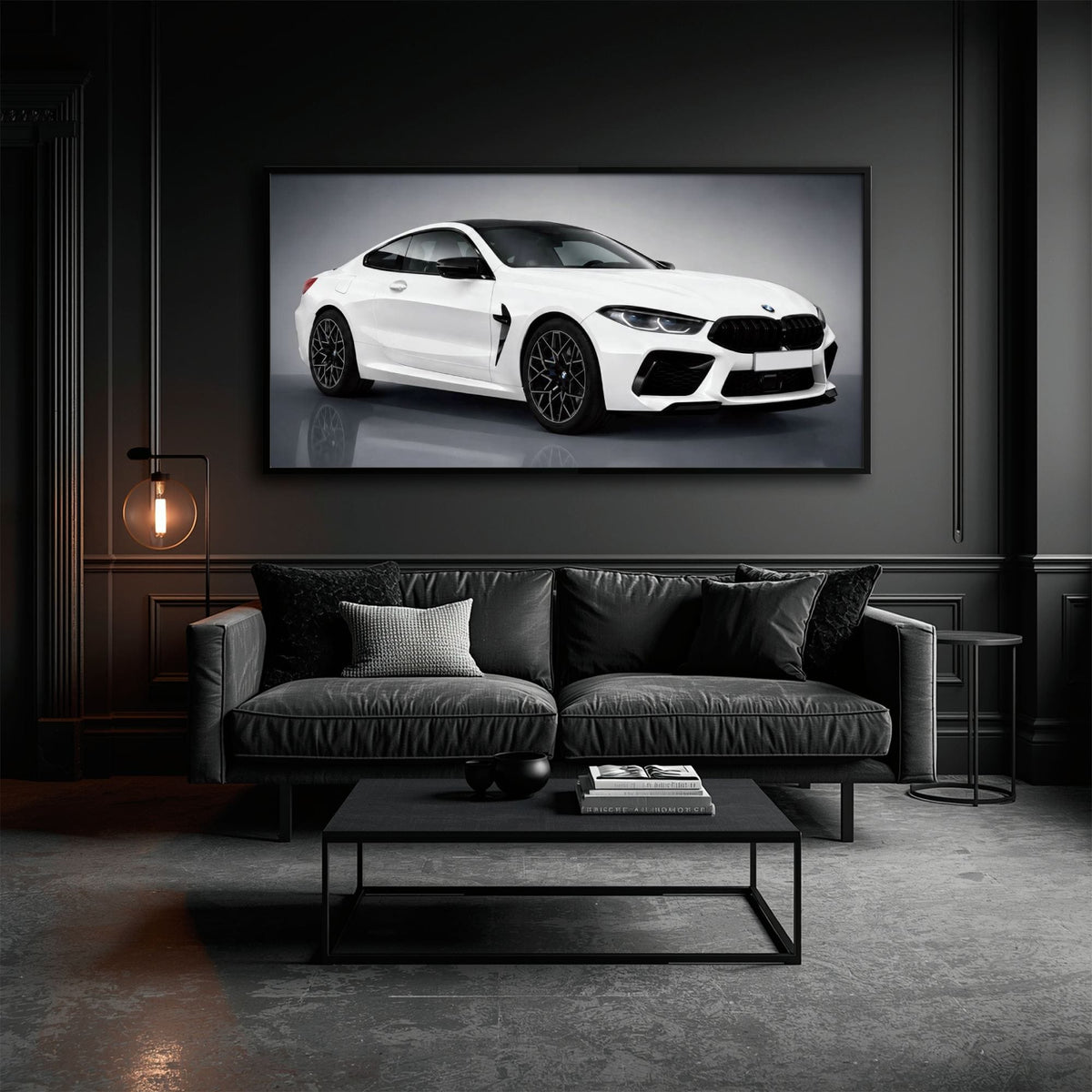 BMW M8 Competition Wall Art – White Sports Car Canvas -Garage Decor Cars