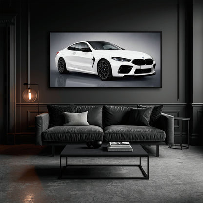 BMW M8 Competition Wall Art – White Sports Car Canvas -Garage Decor Cars