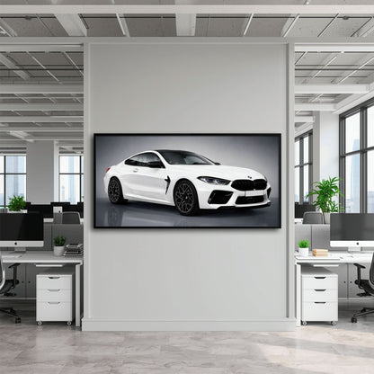 BMW M8 Competition Wall Art – White Sports Car Canvas -Garage Decor Cars