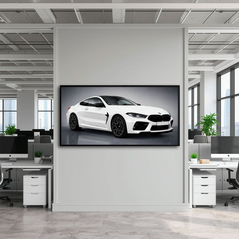 BMW M8 Competition Wall Art – White Sports Car Canvas -Garage Decor Cars