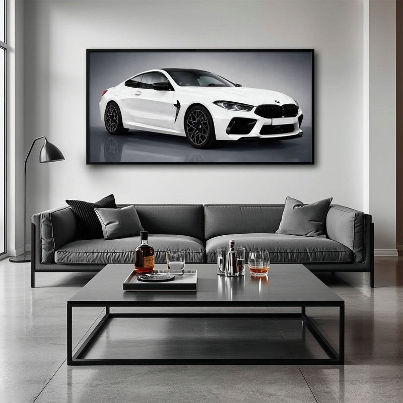 BMW M8 Competition Wall Art – White Sports Car Canvas -Garage Decor Cars