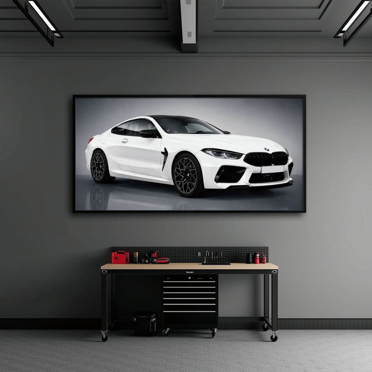BMW M8 Competition Wall Art – White Sports Car Canvas -Garage Decor Cars