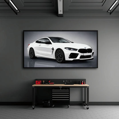 BMW M8 Competition Wall Art – White Sports Car Canvas -Garage Decor Cars