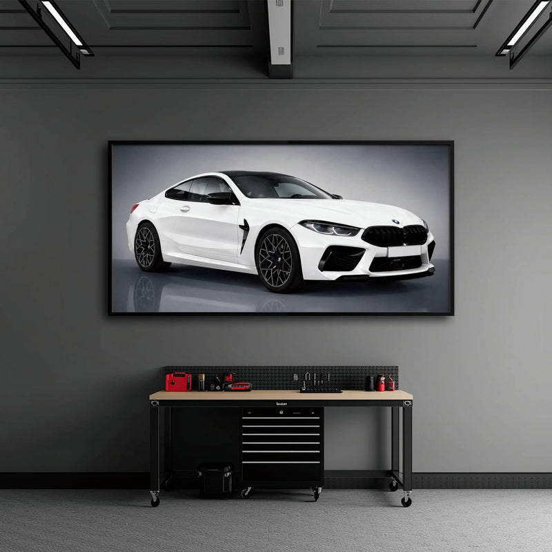 BMW M8 Competition Wall Art – White Sports Car Canvas -Garage Decor Cars