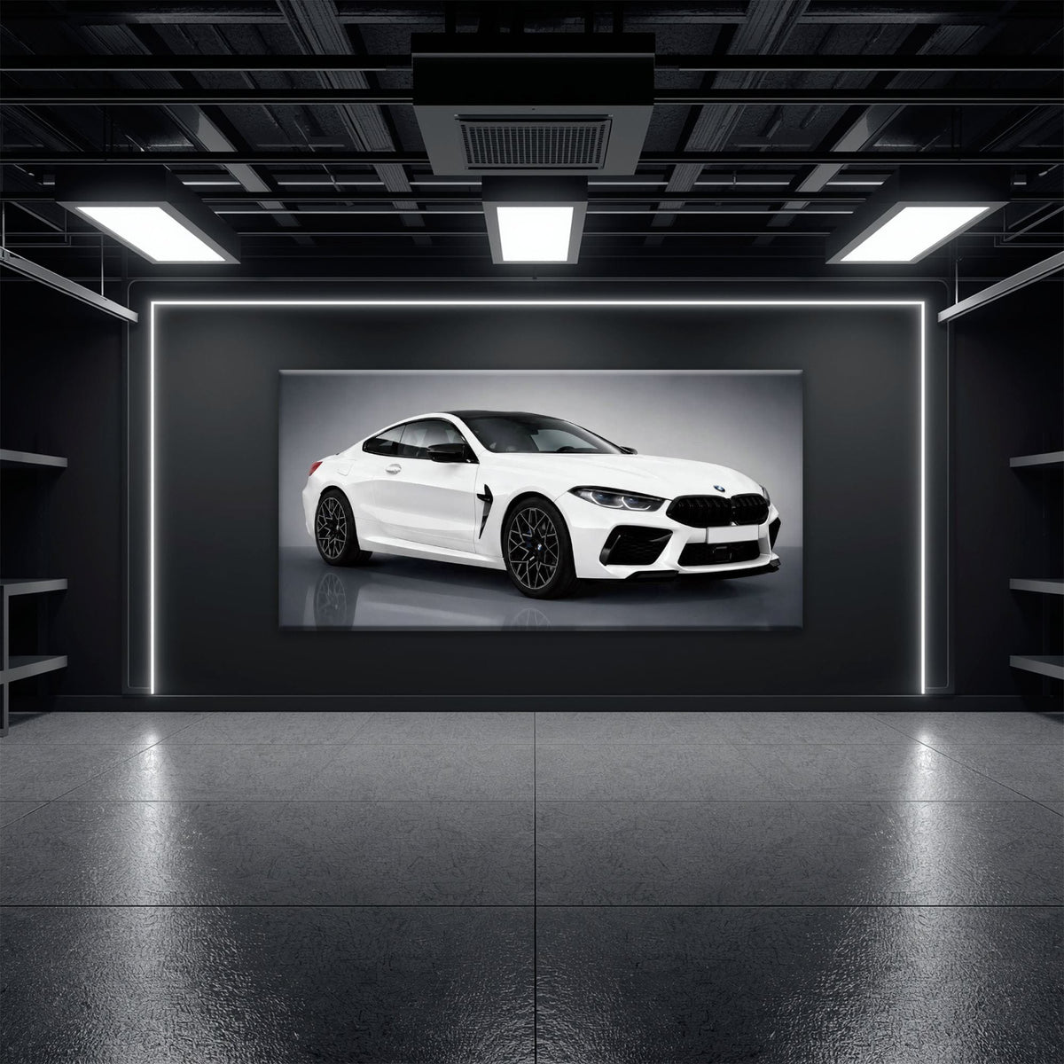 BMW M8 Competition Wall Art – White Sports Car Canvas -Garage Decor Cars