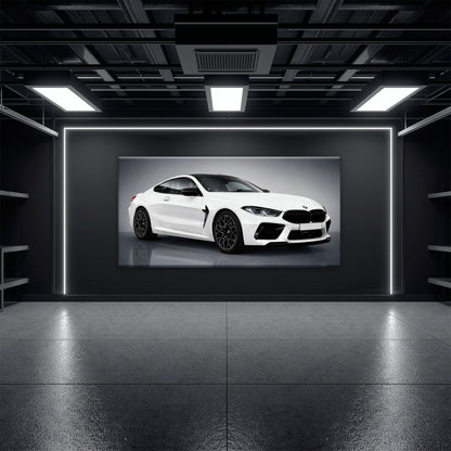 BMW M8 Competition Wall Art – White Sports Car Canvas -Garage Decor Cars