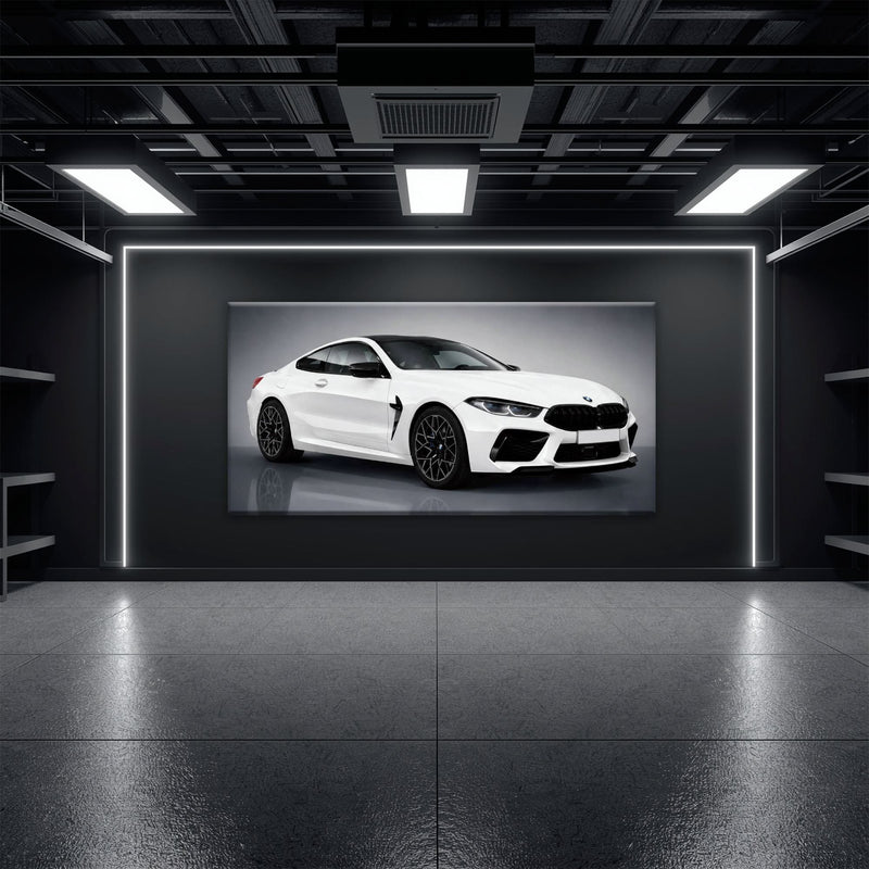 BMW M8 Competition Wall Art – White Sports Car Canvas -Garage Decor Cars