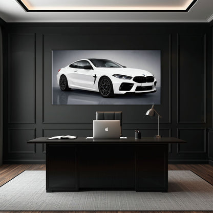 BMW M8 Competition Wall Art – White Sports Car Canvas -Garage Decor Cars