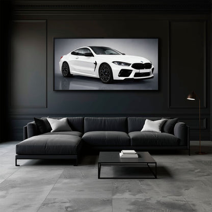 BMW M8 Competition Wall Art – White Sports Car Canvas -Garage Decor Cars