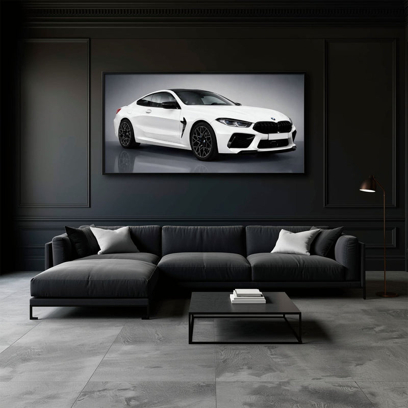 BMW M8 Competition Wall Art – White Sports Car Canvas -Garage Decor Cars