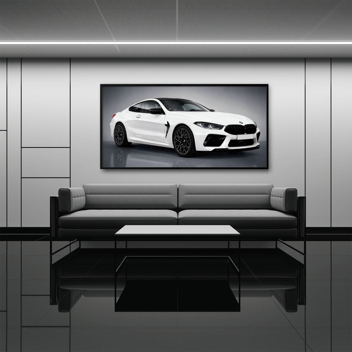 BMW M8 Competition Wall Art – White Sports Car Canvas -Garage Decor Cars