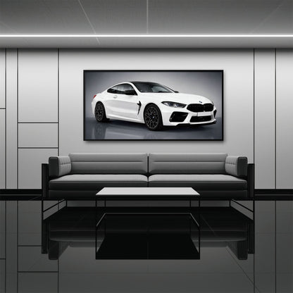 BMW M8 Competition Wall Art – White Sports Car Canvas -Garage Decor Cars