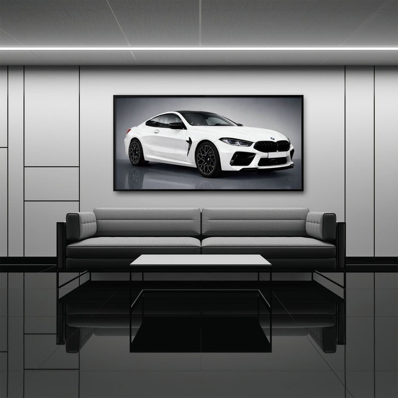 BMW M8 Competition Wall Art – White Sports Car Canvas -Garage Decor Cars