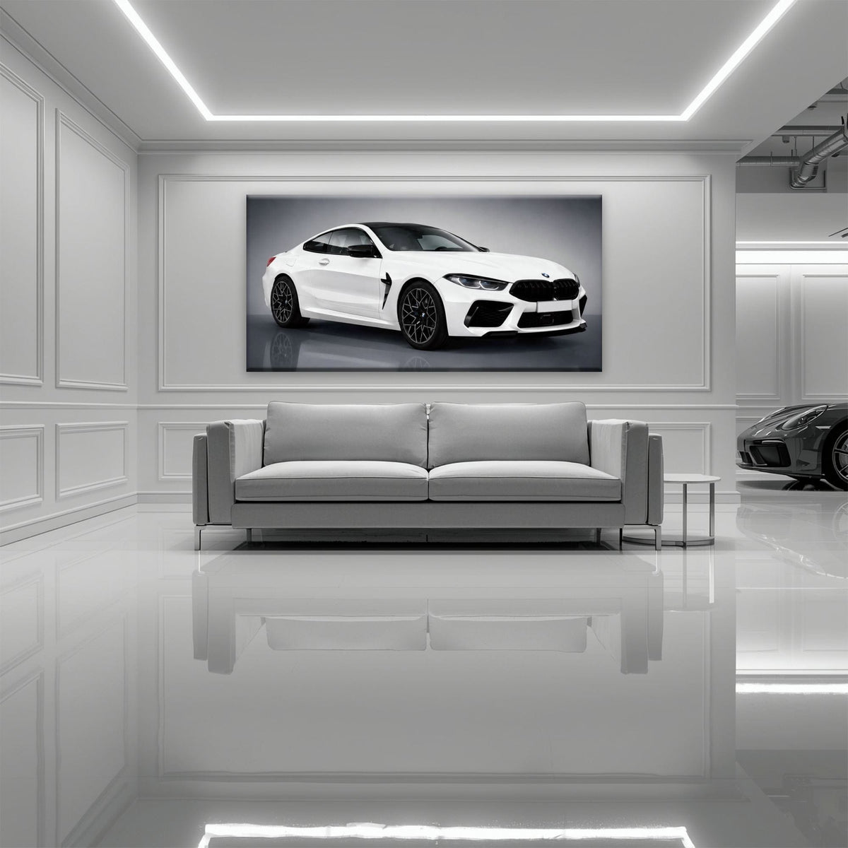 BMW M8 Competition Wall Art – White Sports Car Canvas -Garage Decor Cars