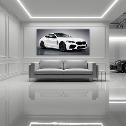 BMW M8 Competition Wall Art – White Sports Car Canvas -Garage Decor Cars
