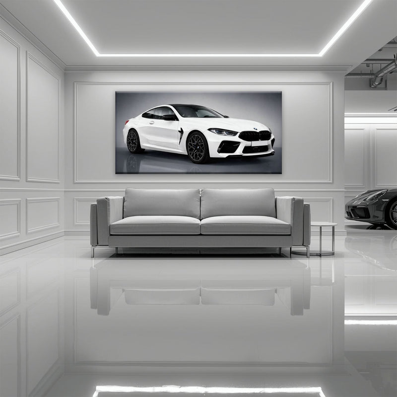 BMW M8 Competition Wall Art – White Sports Car Canvas -Garage Decor Cars