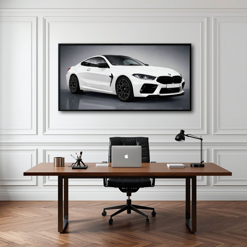 BMW M8 Competition Wall Art – White Sports Car Canvas -Garage Decor Cars