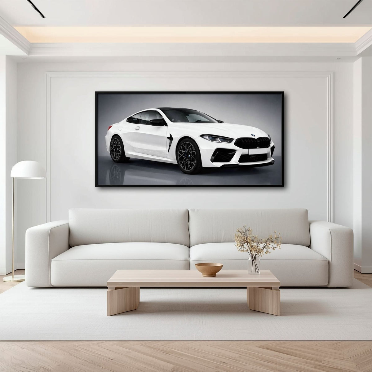 BMW M8 Competition Wall Art – White Sports Car Canvas -Garage Decor Cars