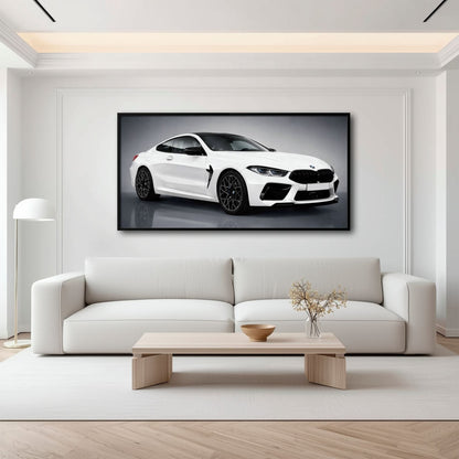 BMW M8 Competition Wall Art – White Sports Car Canvas -Garage Decor Cars