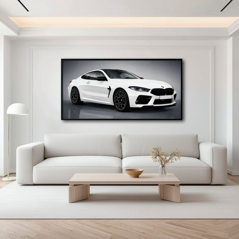BMW M8 Competition Wall Art – White Sports Car Canvas -Garage Decor Cars