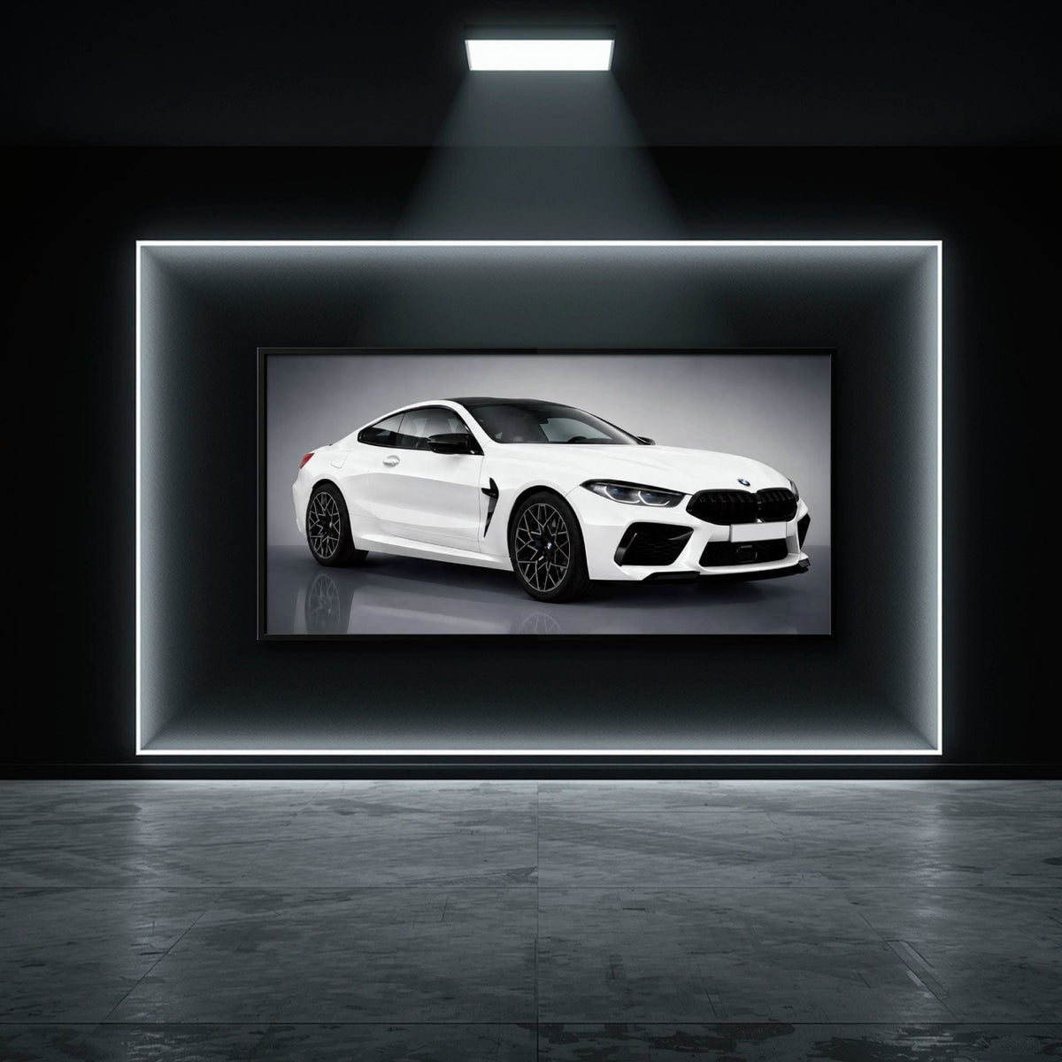BMW M8 Competition Wall Art – White Sports Car Canvas -Garage Decor Cars