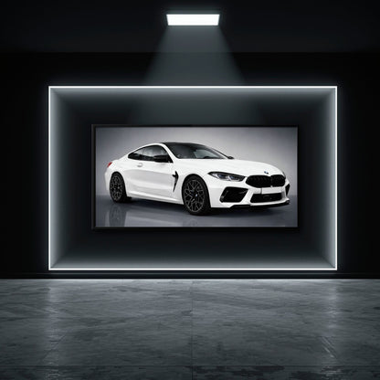 BMW M8 Competition Wall Art – White Sports Car Canvas -Garage Decor Cars