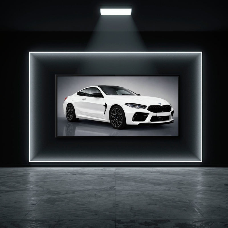 BMW M8 Competition Wall Art – White Sports Car Canvas -Garage Decor Cars
