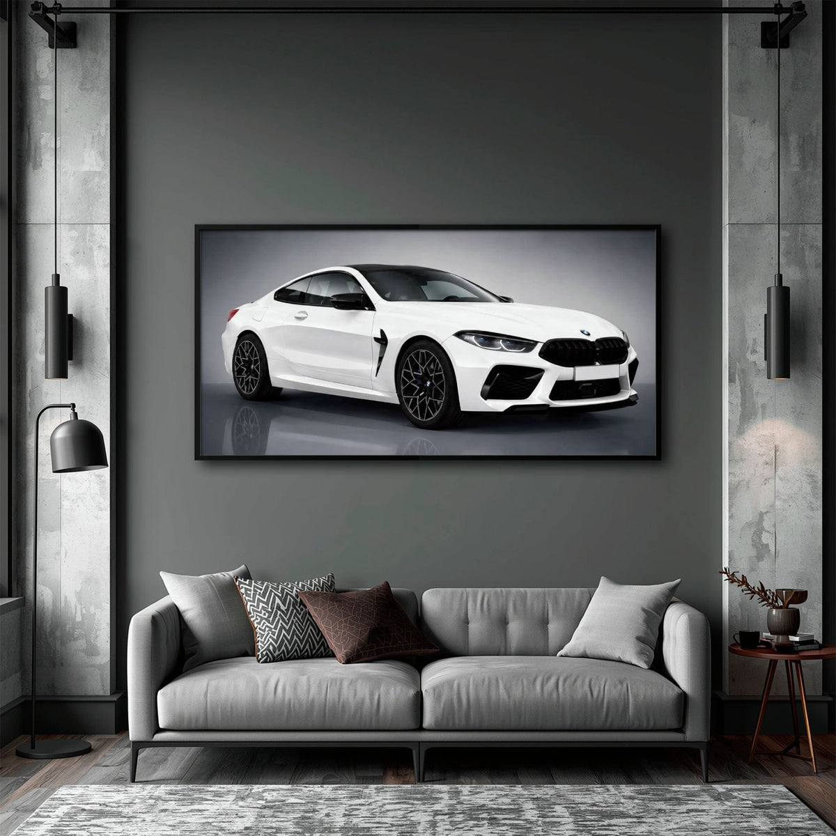 BMW M8 Competition Wall Art – White Sports Car Canvas -Garage Decor Cars