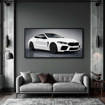BMW M8 Competition Wall Art – White Sports Car Canvas -Garage Decor Cars