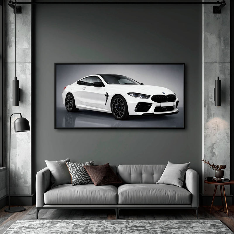BMW M8 Competition Wall Art – White Sports Car Canvas -Garage Decor Cars
