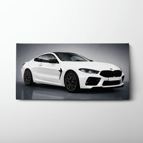BMW M8 Competition Wall Art – White Sports Car Canvas -Garage Decor Cars