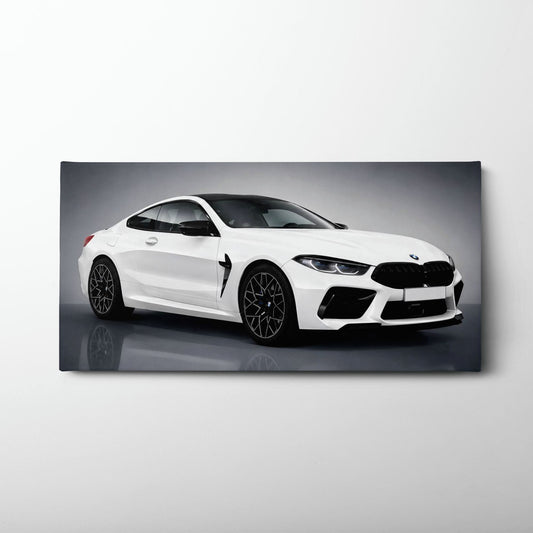 BMW M8 Competition Wall Art – White Sports Car Canvas -Garage Decor Cars