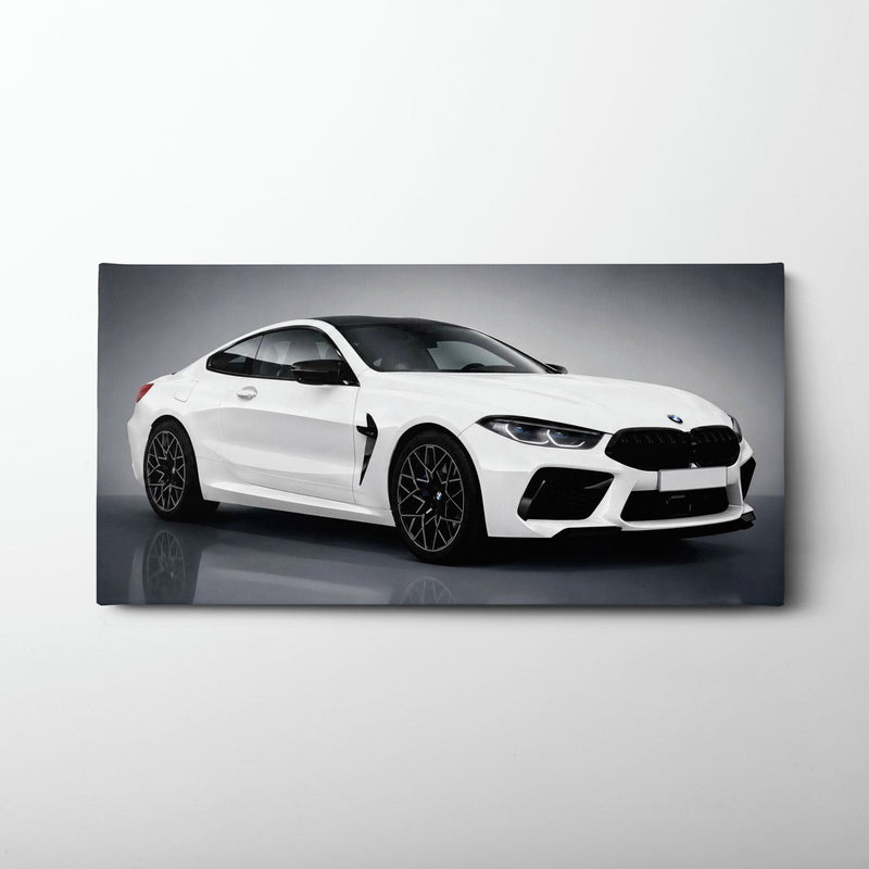 BMW M8 Competition Wall Art – White Sports Car Canvas -Garage Decor Cars