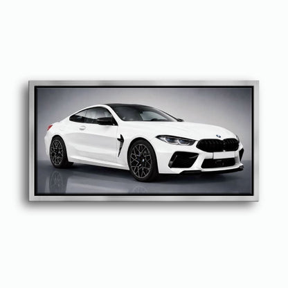 BMW M8 Competition Wall Art – White Sports Car Canvas -Garage Decor Cars